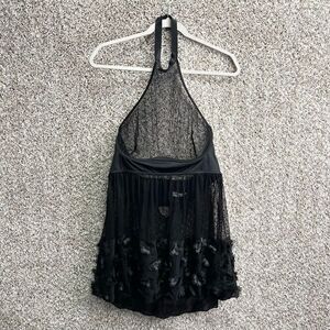 Coquette Black Sheer Mesh & Lace Halter Babydoll Lingerie Sleep Dress in Size XL